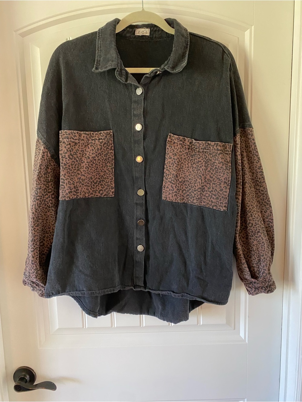 POL Black Button-Up Shacket with Brown Leopard Patch Accents - Picture 3 of 7